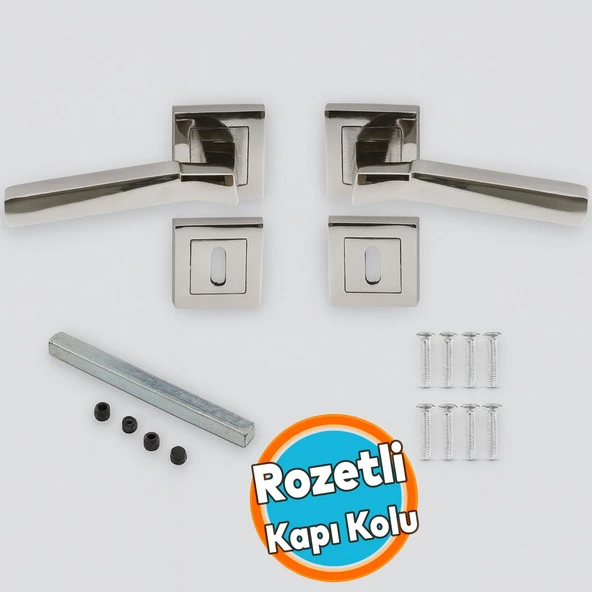 Kare Rozetli Oda Kapı Kolu Sağa ve Sola Uygun Nikel Saten 1 Takım ürün görseli 1