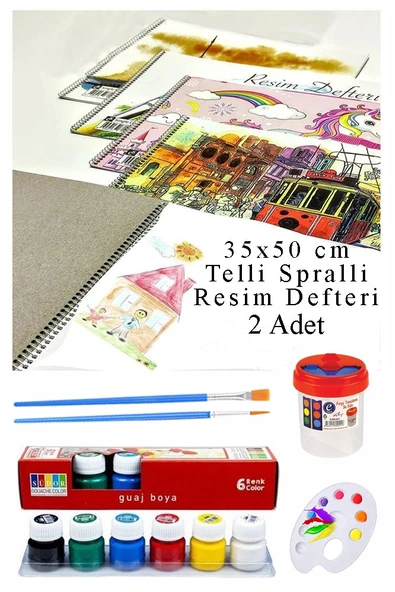 6 Renk Guaj Boya Südor 35x50 cm Telli Spralli Resim Defteri Palet Resim Fırçası 15 Yaprak Guajboya Resim Defteri ürün görseli 1
