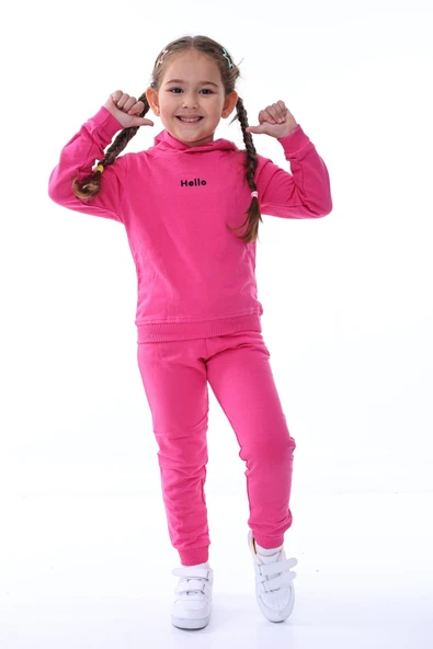 Kapüşonlu Hello Nakış Baskılı Basic Pembe Çocuk Eşofman Takımı - Resim 5