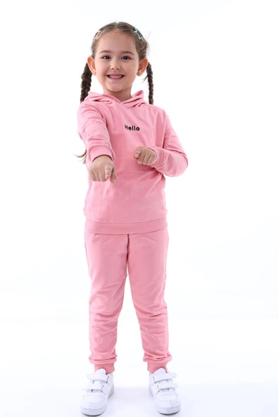 Kapüşonlu Hello Nakış Baskılı Basic Pembe Çocuk Eşofman Takımı - Resim 5