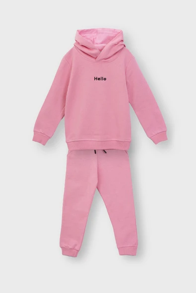Kapüşonlu Hello Nakış Baskılı Basic Pembe Çocuk Eşofman Takımı ürün görseli 1