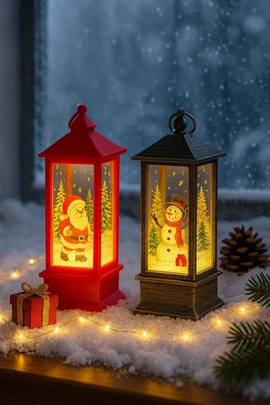 Yeni Yıl Noel Temalı 2 Li Set Işıklı Yılbaşı Feneri Noel Baba Kardan Adam Figürlü Kandili Fener 14Cm ürün görseli 1