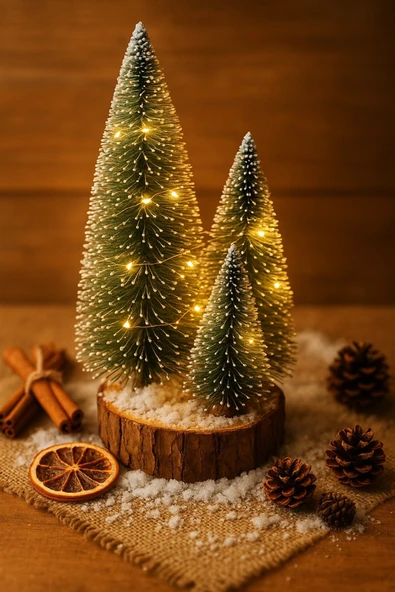 Ahşap Kütük Üzerinde 4’lü LED Işıklı Noel Kar Efektli Çam Ağaçları Seti 23 Cm - 18 Cm - 12 Cm -13 Cm ürün görseli 1