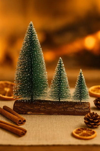 Hoşgeldin Yeni Yıl 3’lü Mini Kar Efektli Ahşap Kütük Üstünde Mini Noel Çam Ağacı Seti 16 – 11– 10 Cm ürün görseli 1