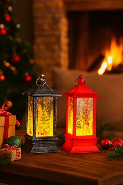 Yeni Yıl Noel Temalı 2 Li Set Işıklı Yılbaşı Feneri Çam Ağacı & Bambi Figürlü Kandili Fener 14 Cm ürün görseli 1