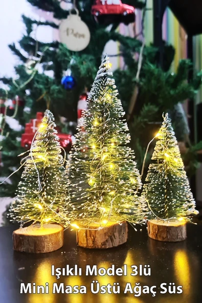 Hoşgeldin Yeni Yıl 3’lü Mini Noel Çam Ağacı Kar Efektli LED Işıklı Çam Ağaçları Seti 15 – 11– 10 Cm ürün görseli 1