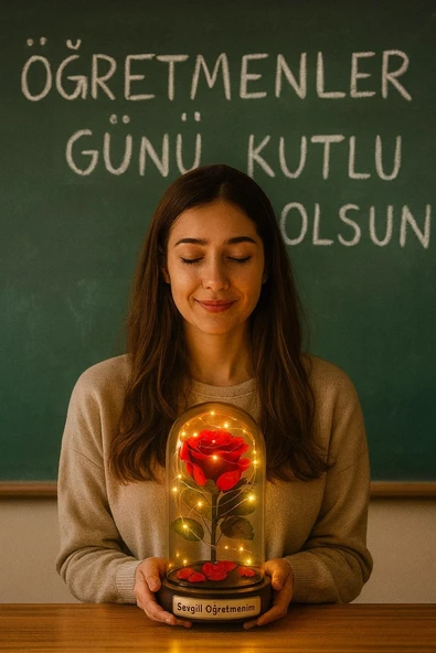 Fanusta Led Işıklı Sevgili Öğretmenim Temalı Biblo Öğretmenler Gününe Anlam Katan Özel Hediye 20 CM ürün görseli 1