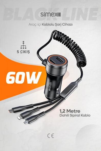 Black Line 60W Araç İçi Şarj Aleti, 5 Port, Spiral Kablolu, Type-C Micro USB Lightning Uyumlu ürün görseli 1