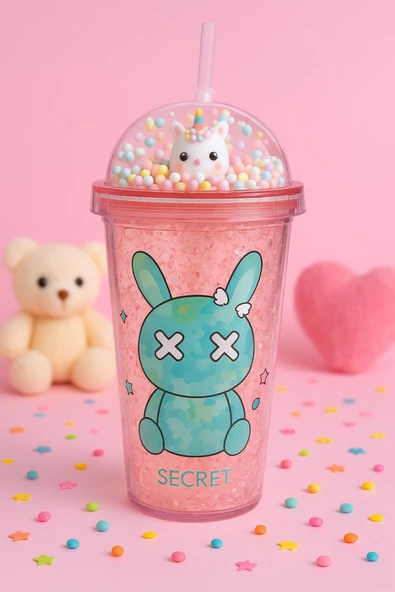 Sevimli Bunny Tavşan Figürlü Renkli Boncuklu Kristal Efektli Tasarım Pipetli Bardak Suluk Pembe 2087 ürün görseli 1