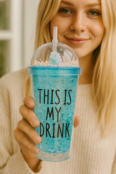 Sevimli Renkli Boncuklu Cool Çılgın This İs My Drink Tasarım Pipetli İçecek Bardağı Suluk Mavi 2742 ürün görseli 1