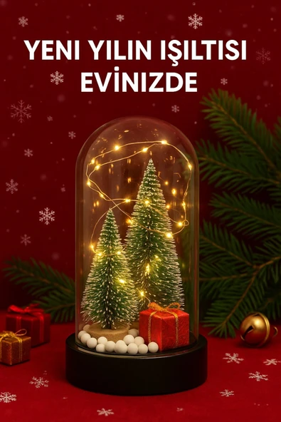 Yeni Yıl Ruhunu Yansıtan Led Işıklı 2 Li Yılbaşı Kar Efektli Çam Ağacı Hediye Paketi Temalı Fanus ürün görseli 1