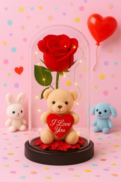 Dekoratif Tasarım Fanus LED Işıklı Kırmızı Gül I Love You Ayıcık Sevgiliye Romantik Aşk Hediye Seti ürün görseli 1