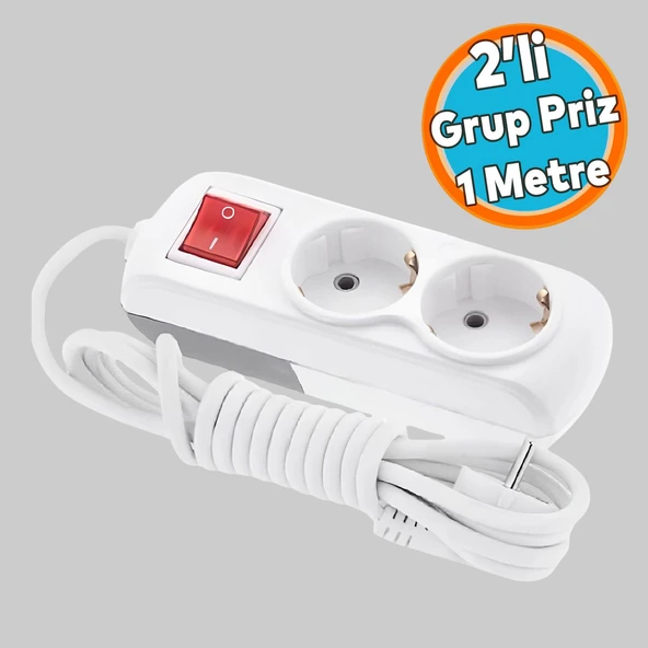 Anahtarlı Grup Priz Fiş Çoğaltıcı 1 Metre Topraklı Düğmeli Çoklu Kablolu 2'li Asmalı Uzatma ürün görseli 1