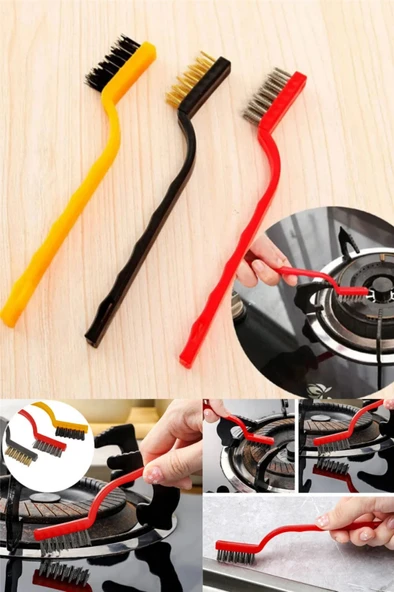 TİNEKE 3 Adet Ocak Fırın Mangal Izgara Airfryer Temizliği Tel Pas Sökme Detay 3lü Yağ Temizleme Fırçası ürün görseli 1