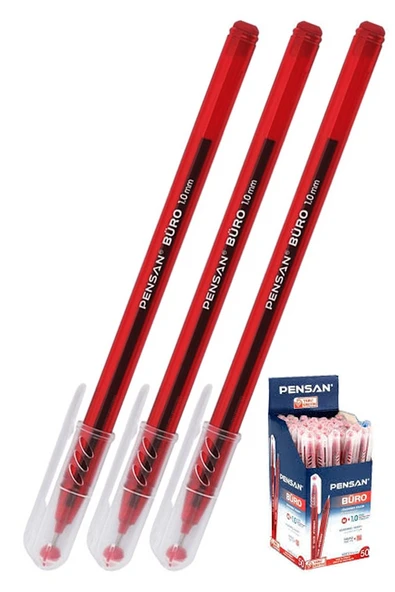 Kırmızı Tükenmez Kalem 1.0mm 3 Adet Pensan Büro Tipi Ballpoint Büro Plastik Kapaklı Tükenmez Kalem ürün görseli 1