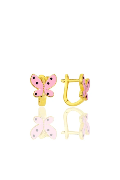 Gümüş altın yaldızlı pembe mineli kelebek çocuk küpesi SGTL12368GOLD ürün görseli 1