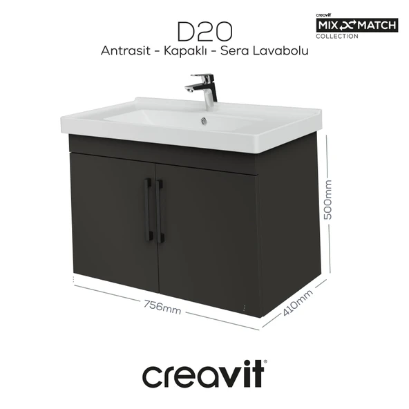 D20 80 Cm Kapaklı Lavabo Dolabı Antrasit Melamin Kapak ürün görseli 1