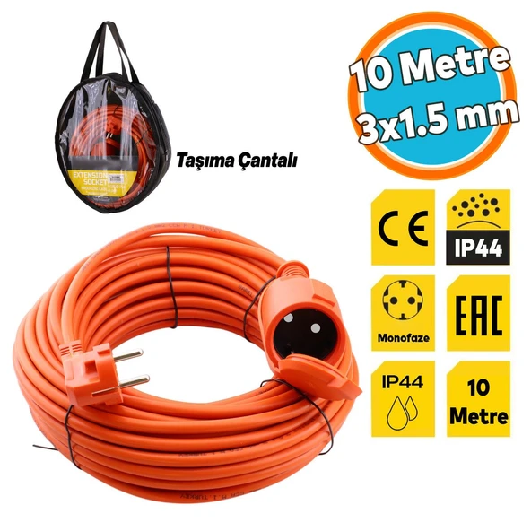 Uzatma Kablosu 3x1.5 mm CCA 10 METRE Kablolu Tekli Grup Fiş Priz Topraklı Kapaklı Monofaze Ev Tipi ürün görseli 1