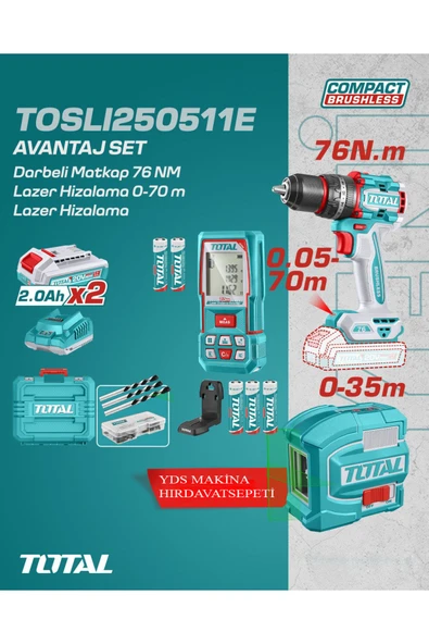 3'lü Akülü Matkap Lazer 0-70m Lazer Hizalama Set 2.0 Ah Çift Akü TOSLI250511E ürün görseli 1