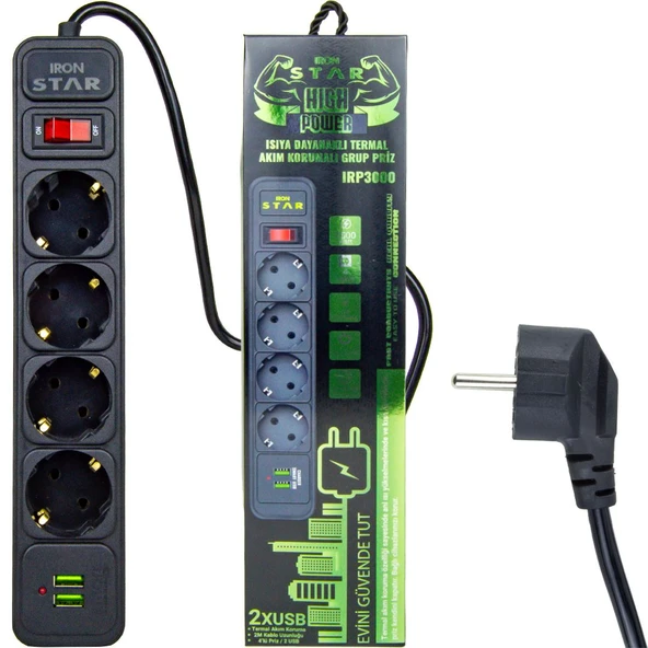 İRONSTAR IRP3000 4LÜ 2MT 2XUSB PRİZ AKILLI AKIM KORUMALI ISIYA KARŞI DAYANIKLI TERMAL ürün görseli 1