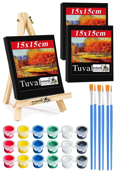Mini Şövale 15x15 cm Siyah Tuval 3 ml Akrilik Boya 6 Renk ve Fırça Mini Siyah Tuval Masaüstü Küçük Şövale Boyama Seti ürün görseli 1