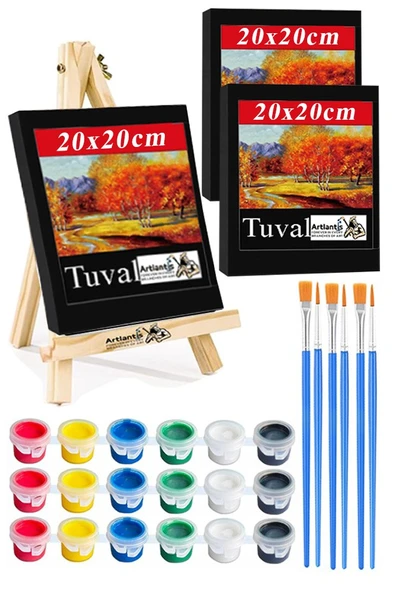 Mini Şövale 20x20 cm Siyah Tuval 3 ml Akrilik Boya 6 Renk ve Fırça Mini Siyah Tuval Masaüstü Küçük Şövale Boyama Seti ürün görseli 1