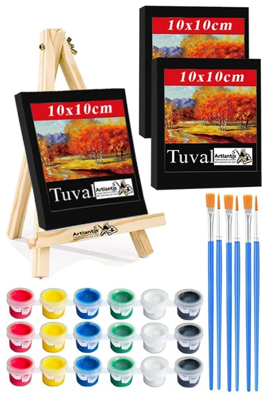 Mini Şövale 10x10 cm Siyah Tuval 3 ml Akrilik Boya 6 Renk ve Fırça Mini Siyah Tuval Masaüstü Küçük Şövale Boyama Seti ürün görseli 1