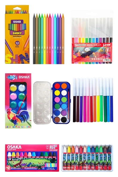 Osaka Sulu Boya 12'li Pastel Boya 12'li Silka Kuru Boya 12'li Fixpoint Keçeli Kalem 12'li Okul Seti ürün görseli 1