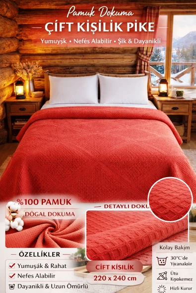 Şaheser %100 Pamuk Çift Kişilik Pike 240x220 (Tek Pike)-Brick Red KİREMİT ürün görseli 1