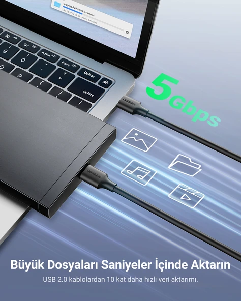 UGREEN USB-A 3.0 Data Kablosu 1 Metre, Siyah, 10370 - Resim 2