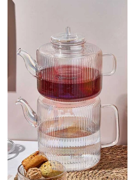 Perotti Tobby Line Luster Çizgili Borosilikat Cam Çaydanlık 1.1L + 1.75L 16801 ürün görseli 1