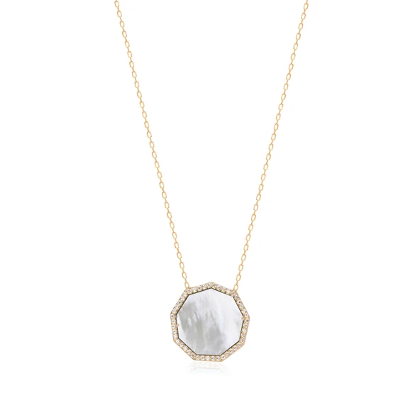 EMILIANO JEWELLERY Zirkon Taşlı Pırlanta Montür Altın Kaplama Ortası Beyaz Sedef Taşlı Gümüş Kolye ürün görseli 1
