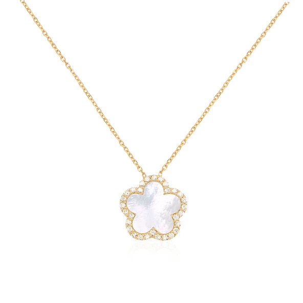 EMILIANO JEWELLERY Zirkon Taşlı Pırlanta Montür Altın Kaplama Ortası Sedef Taşlı Gümüş Yonca Kolye ürün görseli 1