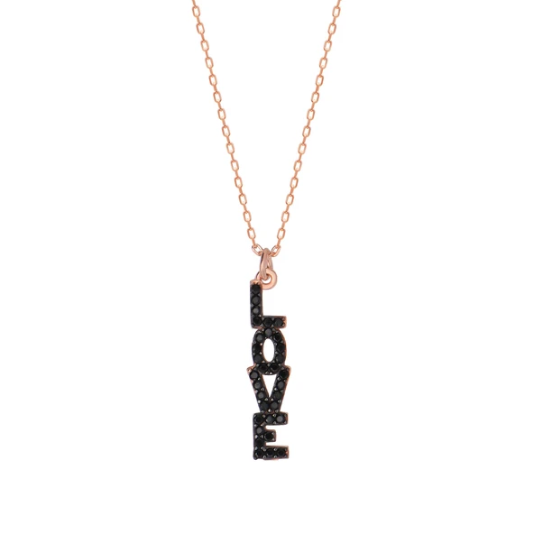 Siyah Taşlı Rose Altın Kaplamalı Love Yazılı Gümüş Kolye ürün görseli 1