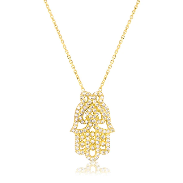 EMILIANO JEWELLERY Zirkon Taşlı Pırlanta Montür Altın Kaplama Fatmanın Eli Gümüş Kolye ürün görseli 1