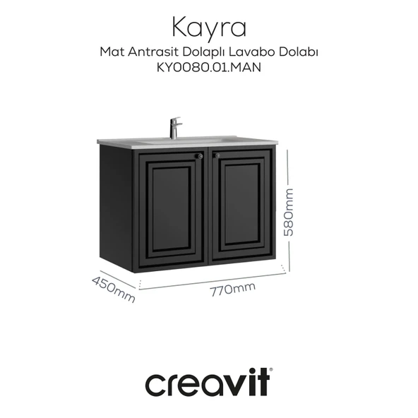 Kayra Lavabo Dolabı Kapaklı 80cm Mat Antrasit ürün görseli 1