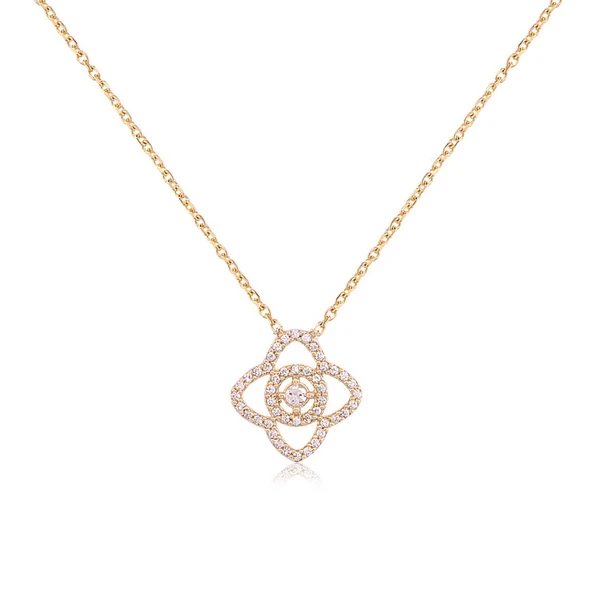 EMILIANO JEWELLERY Pırlanta Montür Yonca Desenli Ortası Tektaş Altın Kaplamalı Gümüş Kolye ürün görseli 1