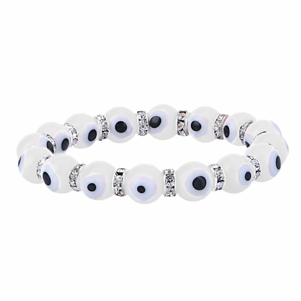 Stretch 10 mm Beyaz Renk Nazar Boncuklu Kristal Taşlı Rondela Bileklik ürün görseli 1