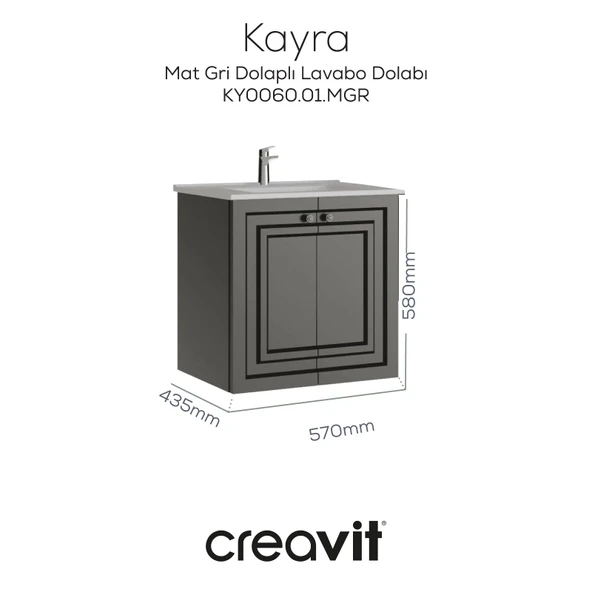 Kayra Lavabo Dolabı Kapaklı 60cm Mat Gri ürün görseli 1