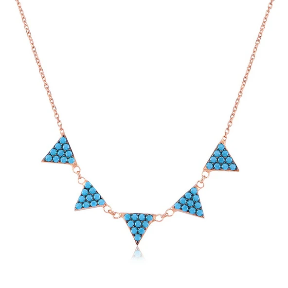EMILIANO JEWELLERY Turkuaz Taşlı Pırlanta Montür Rose Altın Kaplama Beş Üçgenli Gümüş Kolye ürün görseli 1