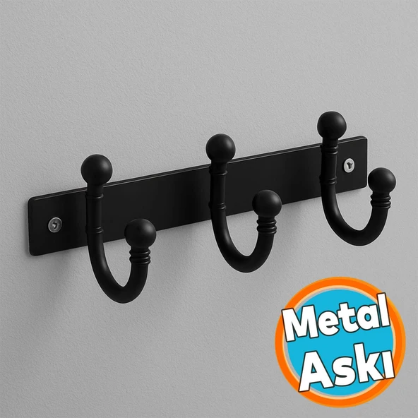 Metal Askı Siyah 3'lü Birleşik Askı Vestiyer Duvar Monteli Dolap Askılığı Vidalı Elbise Asma 1 Adet ürün görseli 1