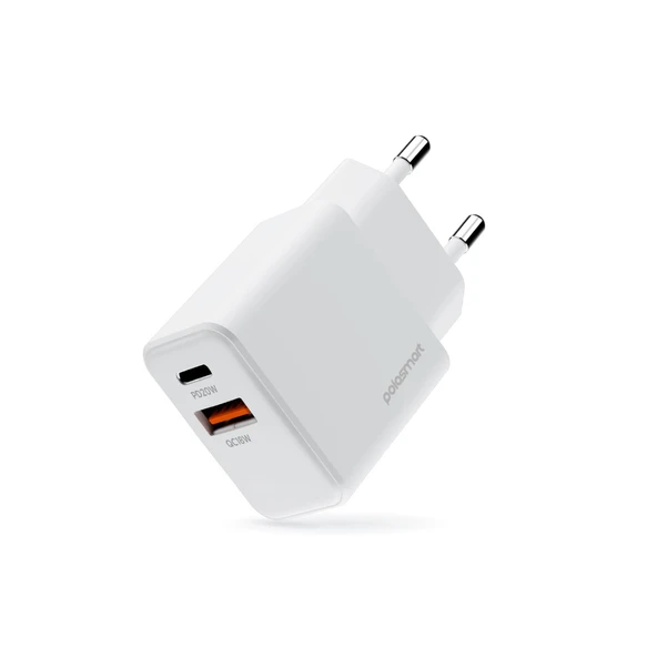 Polosmart PSM136 20W PD + 18W USB Hızlı Şarj Cihazı Çift Port Akıllı Tanıma Duvar Adaptörü Beyaz ürün görseli 1