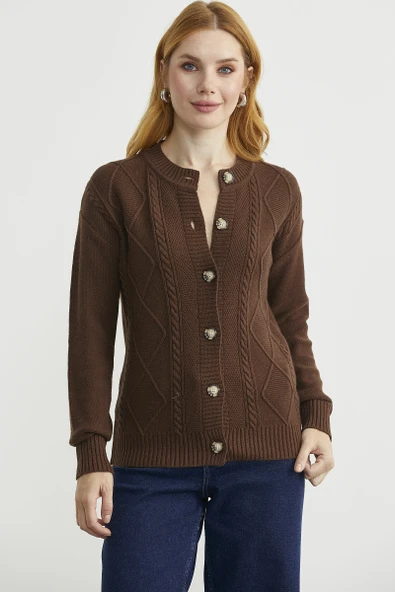 Düğmeli Oversize Angora Triko Hırka - Kahve ürün görseli 1