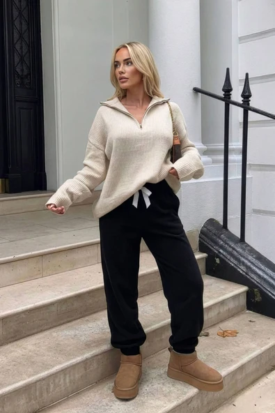 Kadın Paçası Lastikli Siyah Polar Pijama Altı ürün görseli 1