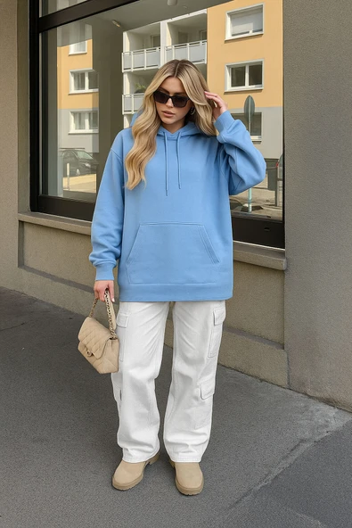 Kadın Kapüşonlu Cepli Mavi Tunik Sweatshirt ürün görseli 1