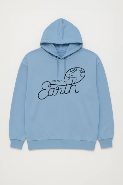 Kadın Kapüşonlu Dünya Baskılı Mavi Sweatshirt - Resim 2
