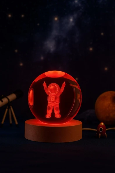 Ledli USB'li Ahşap Standlı Astronot Temalı Kristal Küre Renkli RGB Led 3D Oda Masa ve Gece Lambası ürün görseli 1