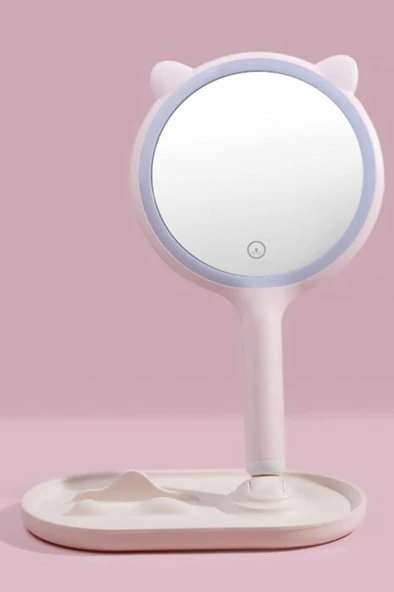 OLLEVRA Kedi Kulaklı Telefon Standlı Yuvarlak Dokunmatik Led Ayarlı Masa Üstü Makyaj Aynası ürün görseli 1