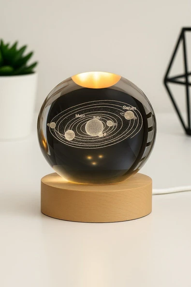 Ledli USB'li Ahşap Standlı Güneş Sistemi Temalı Kristal Küre Gün Işığı 3D Oda Masa ve Gece Lambası ürün görseli 1