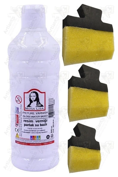 Resim Verniği 500 ml Su Bazlı 1 Adet ve Yassı Patpat Sünger Fırça Seti 3 lü 1 Paket Resim Parlatıcı Vernik Hobi Sanat ürün görseli 1